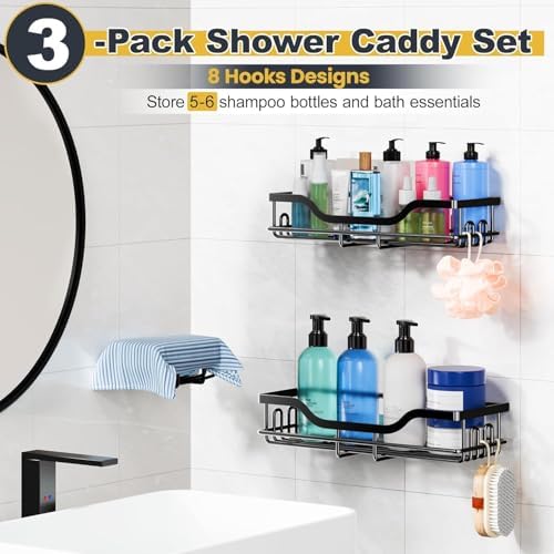 OMAIRA 3-Pack Shower Caddy with Soap Holder, Adhesive Rustproof No-drill Strudy Loading Inside Shower Organizer Shelves Rack Storage Bathroom Organization for Smooth Wall Glass Tile, Black (X-Large)