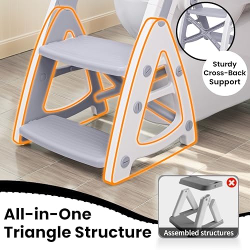 Primlect Potty Training Toilet, 2-in-1 Stable Potty Seat with Step Stool | Adjustable Seat and Step Height, Extra Wide Step, Anti-Slip Pad, Splash Guard, for Boys and Girls, Grey