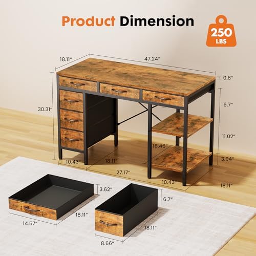 Sweetcrispy 47" Computer Desk with 6 Fabric Drawers & Storage Shelves