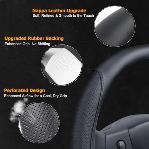 Ouzorp Nappa Leather Steering Wheel Cover for Tesla Model 3 2016-2025 Highland and Model Y 2020-2026 Juniper with Anti-Slip & Breathable Surface-Black