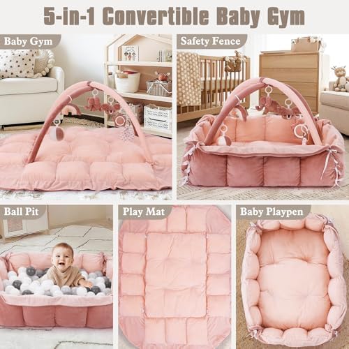 5-in-1 Plush Baby Play Gym, Baby Play Mats, Convertible Baby Gym, Tummy time mat, 6 Sensory Toys, Activity Center, Ball Pit, Pink