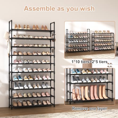 VTRIN 10 Tier Shoe Rack Tall Large Capacity Wide Shoe Organizer with Two Hooks Sturdy Metal Shoe Shelf for Entryway, Closet, Bedroom