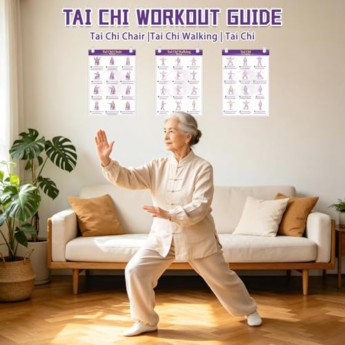 Tai Chi Workout Chart Poster Set for Seniors&Beginners,Purple,11.8X8.3inch