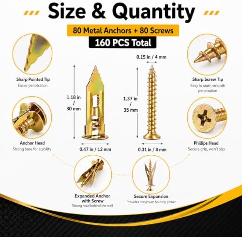 Jyphorixal 160 PCS Self Drilling Drywall Anchors with Screws Kit, Heavy Duty Metal Wall Anchors for Drywall, Sheetrock Anchors 0.47x1.18inch with Screws, No Drill Dry Wall Anchors and Screws Kit