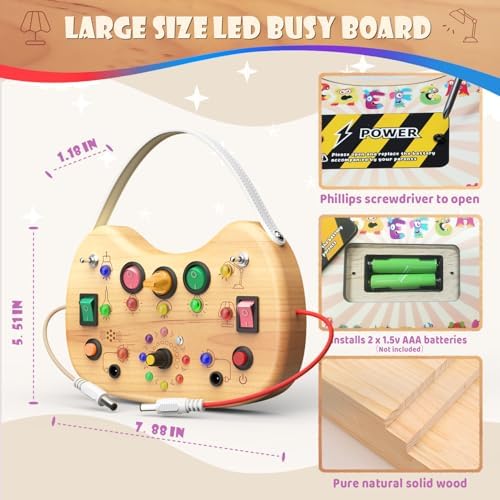 UdoUto Montessori Wooden Busy Board for Toddlers with LED Lights & Switches