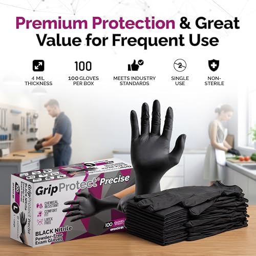 GripProtect Precise Black Nitrile Gloves 4 Mil, Chemical Resistant Gloves