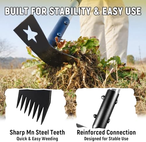 2-in-1 Weed Rake and Garden Hoe, 68" Weed Puller Tool with Long Handle, Manual Weeds Remover, Heavy Duty Stand Up Weeder Uprooting Weeding Pull Tool for Garden Yard Lawn Patio