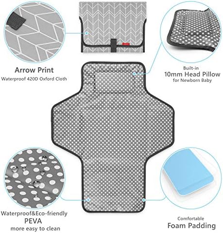 Portable Changing Pad for Baby, Waterproof Travel Changing Pads for Moms, Dads, with Built-in Pillow, Excellent Baby Shower, Registry Gifts
