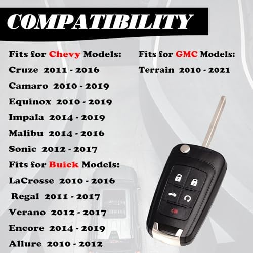 MechanMagic Remote Flip Key Fob Replacement Fits for Chevy Cruze Equinox Camaro Malibu Sonic Impala Buick Lacrosse Regal Verano Encore Allure GMC Terrain 2010-2021 Keyless Entry Control OHT01060512