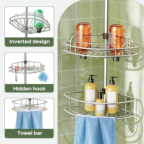 HAMITOR Corner Shower Caddy Tension Pole 4 Tier Rustproof Shampoo Organizer