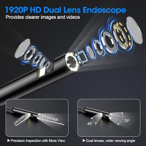 Endoscope with Light, 1920P HD Borescope with 8 Adjustable LED Lights, Semi-Rigid Snake Camera, IP67 Waterproof Inspection Tool (16.4ft, Black + Dual Lens Wiring Harness)