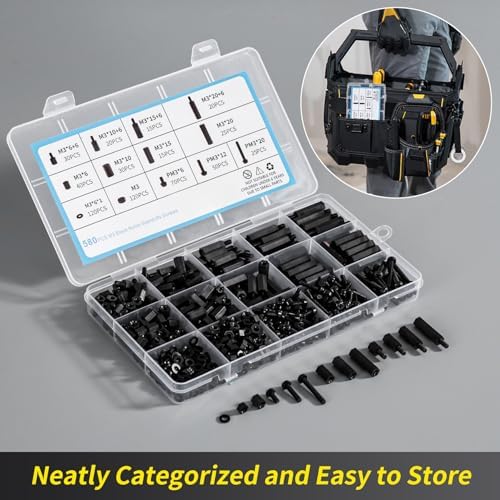 580 PCS M3 Black Nylon Standoff Kit with Spacers, Screws, and Nuts - Motherboard & PCB Mounting Standoffs and Screws, Threaded Pillar Spacers for Circuit Boards and Computer Building