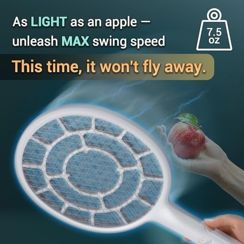 YsChois Electric Fly Swatter, Bug Zapper Companion, Mosquito Killer Racket | Gold Zone Voltage, Densest 3mm Mesh, Apple-Like Weight, AA Battery Operated (not incl) - Pro Swat Tips for Indoor & Outdoor