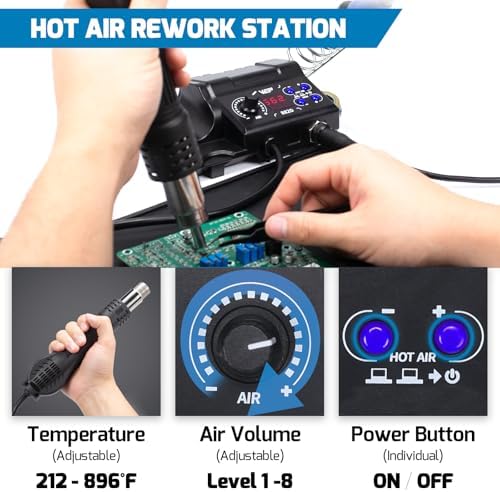 WEP 882D Soldering Iron Station 2-IN-1 SMD Hot Air Rework Station with 2 Spools of Solder Wire, 5 Soldering Tips, 3 Hot Air Nozzles, Brass Wool Tip Cleaner, Tweezers, Desoldering pump