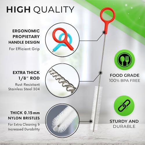 Buenalife Heavy Duty Cleaning Brushes Set of 4 - Extra Long Straw Cleaners for Metal and Plastic Reusable Drinking Straws, to Clean Small Spaces, Sippy Cups, Water Bottles - Sturdy Hard Brush Bristles