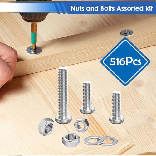 smseace 516Pcs Nuts and Bolts Assortment Kit 21-Sizes M3/M4/M5/M6 Nut Bolt Washer Assortment Kit for Machinery, Furniture, Automotive, Motorcycle Repairs