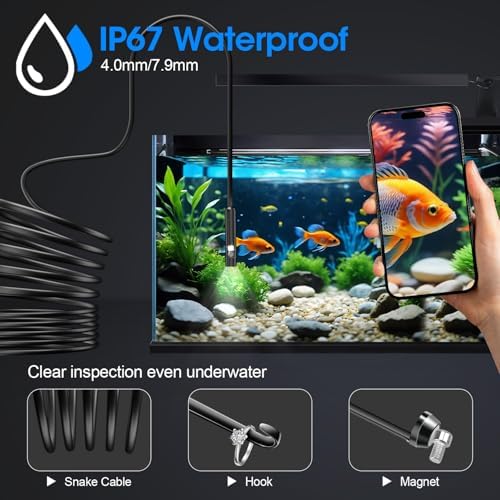 Endoscope with Light, 1920P HD Borescope with 8 Adjustable LED Lights, Semi-Rigid Snake Camera, IP67 Waterproof Inspection Tool (16.4ft, Black + Dual Lens Wiring Harness)