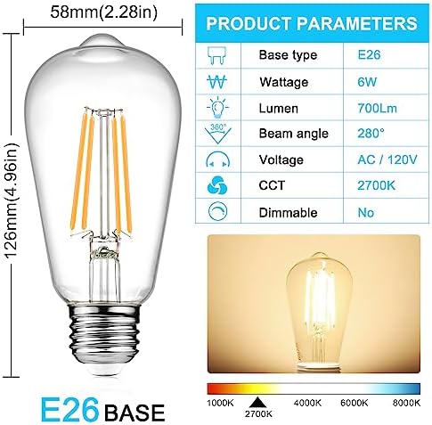 Ascher Vintage LED Edison Bulbs, 6W, Equivalent 60W, Non-Dimmable, High Brightness Warm White 2700K, ST58 Antique LED Filament Bulbs with 80+ CRI, E26 Medium Base, Clear Glass, Pack of 4