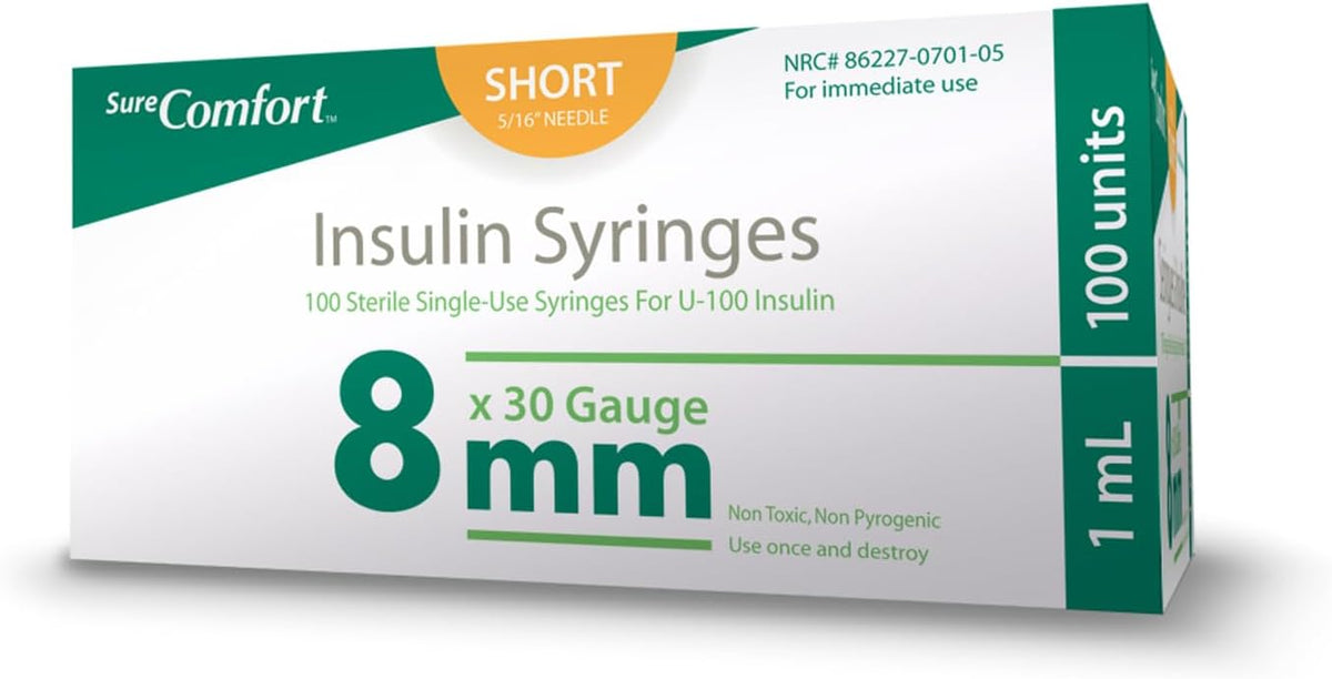 SureComfort U-100 Insulin Syringes 31G x 5/16" 1cc (8 mm), For Diabetes Care, Box of 100