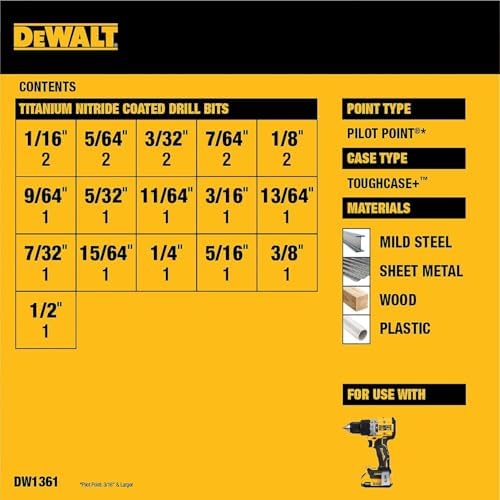 DEWALT Drill Bit Set, 21 Pc. Titanium Nitride Coated Pilot Point DEWALT Bit Set with Case for Wood, Metal and Plastic (DW1361)