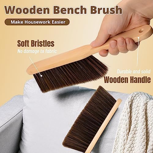 2 Pieces Woooden Dust Brush Hand Broom Bench Brush with Long Wood Handle Whisk Broom Soft Bristle Brush for Counter Bed Sofa Car Fireplace Clothes Household Cleaning