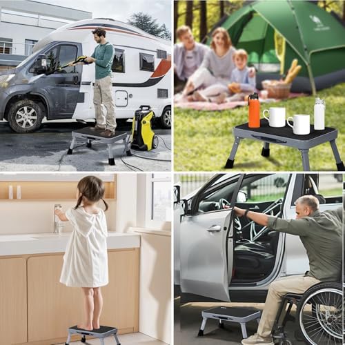 RV Step Stool Foldable 1-Step Ladder Sturdy Metal Stable Step Stool with a Non-Slip Platform Supports up to 500 lb with Non-Slip Rubber Feet, Easy to Carry
