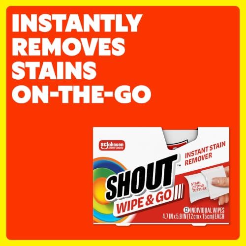 Shout Wipes, Wipe and Go Instant Stain Remover, Laundry Stain and Spot Remover for On-the-Go, 12 Wipes per Carton - Pack of 12 Cartons (144 Total Wipes)