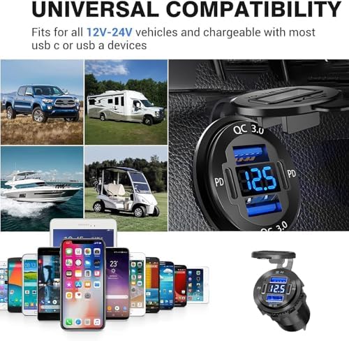 1 Pack 12V USB Outlet, Waterproof Marine USB Port with Voltmeter