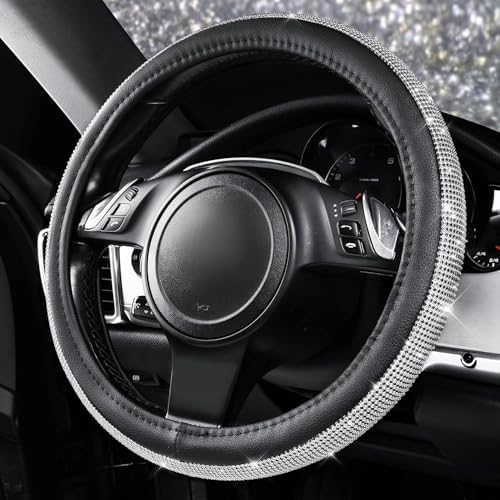 CAR PASS Bling Diamond Leather Steering Wheel Cover, with Bling Sparkly Crystal Glitter Rhinestones Universal Fit 14.5in-15in Car Wheel Protector for Women Girl Fit Suvs,Vans,Sedans,Car,Trucks, Silver
