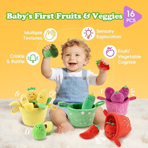 SAIMAND Baby Toys 6-12 Months,16PCS Montessori Plush Sensory Play Food Gift