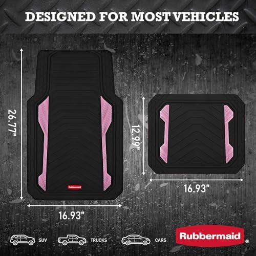 Rubbermaid Car Floor Mat, Heavy Duty All-Weather Car Mats Full Set with Dual-Tone Pink Aluminum Inserts – Universal Fit, Anti-Slip Backing, Trim-to-Fit for Most SUV, Sedan, Van