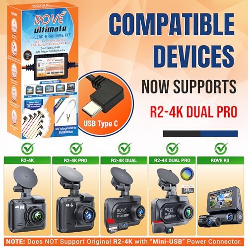 ROVE Ultimate Dash Cam Hardwire Kit, USB-C Port, 24Hr Parking Monitoring