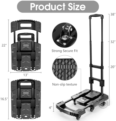 Voipvvii Folding Hand Truck 500lbs, Portable Heavy Duty Dolly Cart, 6 Wheels Collapsible Luggage Cart with 2 Elastic Ropes - Compact Trolley Cart for Easy Moving - Ideal Hand Cart for Travel and More