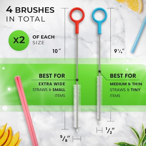 Buenalife Heavy Duty Cleaning Brushes Set of 4 - Extra Long Straw Cleaners for Metal and Plastic Reusable Drinking Straws, to Clean Small Spaces, Sippy Cups, Water Bottles - Sturdy Hard Brush Bristles