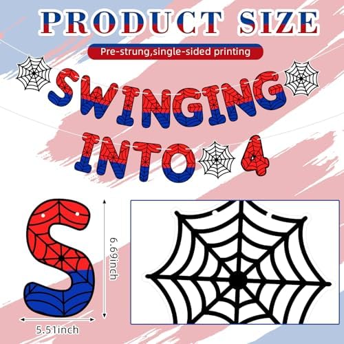 TaoBary Spider Theme 4th Birthday Banner Swinging into 4,Red and Blue