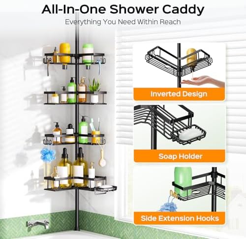 HAMITOR Shower Caddy Tension Pole: Corner Bathroom Organizer for Renters