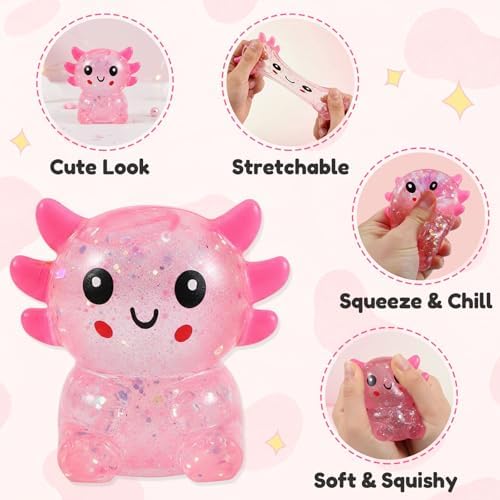 Glitter Axolotls Squishies Toy, Stretchy Axolotls Stress Ball, Fidget Toy for Anxiety Relief and Sensory Play, Pocket Size Squeeze Toys Gift for Kids Teens Adults.(Pink)