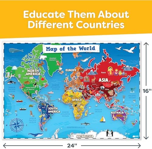 United States and World Map For Kids Classroom Posters 2pc Set - 24” x 16” Waterproof US and World Map for Classroom Decor Posters - Teacher Classroom Must Haves - Homeschool Back to School Supplies
