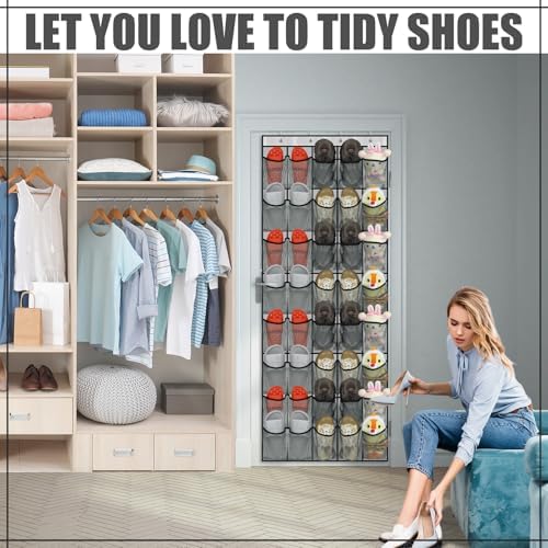 Windyun 1 Pcs 40 Pocket Over the Door Shoe Organizer, Gray
