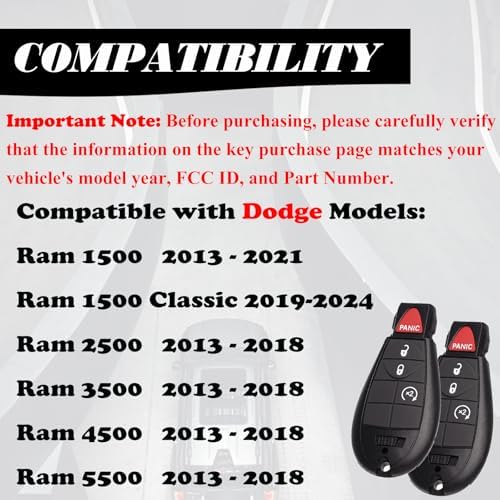 MechanMagic Key Fob Fobik Replacement Fits for Dodge Ram 1500 2013-2021 2500 3500 4500 5500 2013-2018 Pickup Truck Keyless Entry Remote Start Control GQ4-53T 4B Set of 2