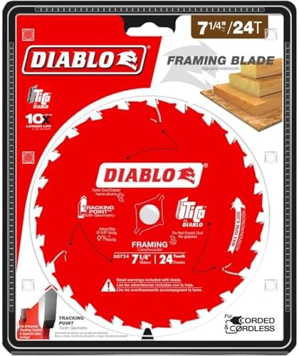 Diablo Framing Saw Blade for Wood - 7-1/4" x 24-Tooth, Thin Kerf, Anti-Vibration, Long Life for Framing & Pressure-Treated Wood, Tracking Point Tooth Design - Pack of 10 - D0724A