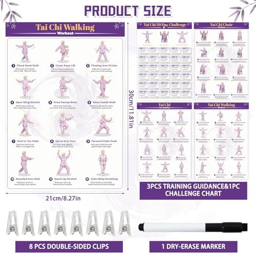 Tai Chi Workout Chart Poster Set for Seniors&Beginners,Purple,11.8X8.3inch