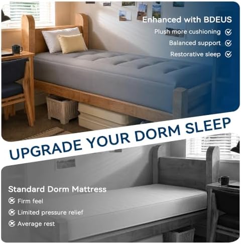 BDEUS Dual Layer 5 Inch Memory Foam Mattress Topper Twin XL Size for Dorm Room, 2 Inch Gel Memory Foam Plus 3 Inch Pillow Top Mattress Pad Cover,Back to School Essentials, Dark Gray