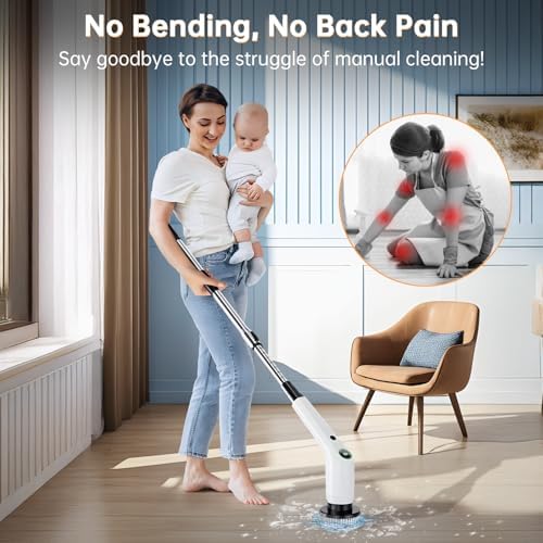 PUFTEM Electric Spin Scrubber, Cordless Shower Scrubber, Adjustable Handle