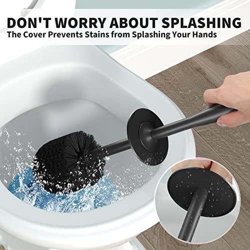 Toilet Brush, Toilet Bowl Brush with Extra Long Handle Durable Bristles Toilet Scrubber and Covered Holder for Toilet Brush Set for Bathroom Cleaning (Black, 1 Set)