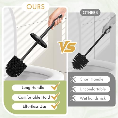 Toilet Bowl Brush and Holder Set 2 Pack with 4 Extra Brush Heads (Black)