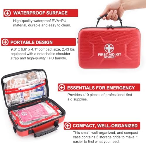 Gevoke 410 Piece Waterproof Hard Shell First Aid Kit, Red