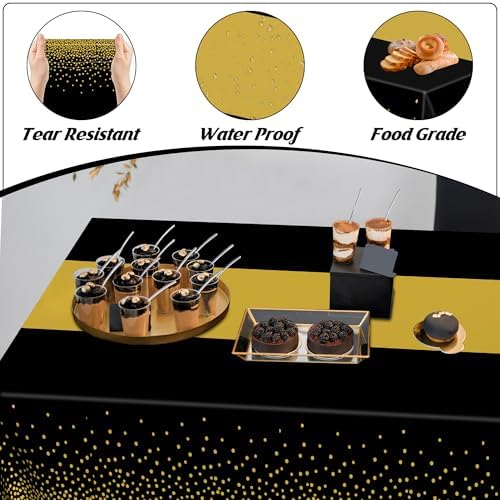4Pack Black and Gold Tablecloths for Events, 54" x 108" Plastic Table Cloth Disposable for Rectangle Tables, Waterproof Table Cloth Cover for New Years Eve Decorations Holiday Birthday Wedding Dining