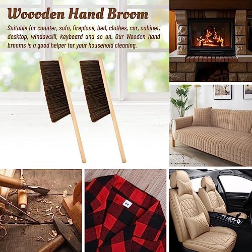 2 Pieces Woooden Dust Brush Hand Broom Bench Brush with Long Wood Handle Whisk Broom Soft Bristle Brush for Counter Bed Sofa Car Fireplace Clothes Household Cleaning