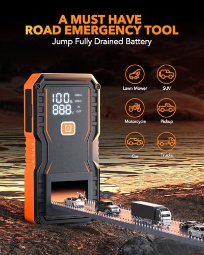 OXILAM Jump Starter 6000A for All Gas/12L Diesel, Car Battery Jumper Starter Portable, 12V Lithium Jump Box with Jumper Cables, LED Display, LED Light, Power Bank with USB, Type C Port